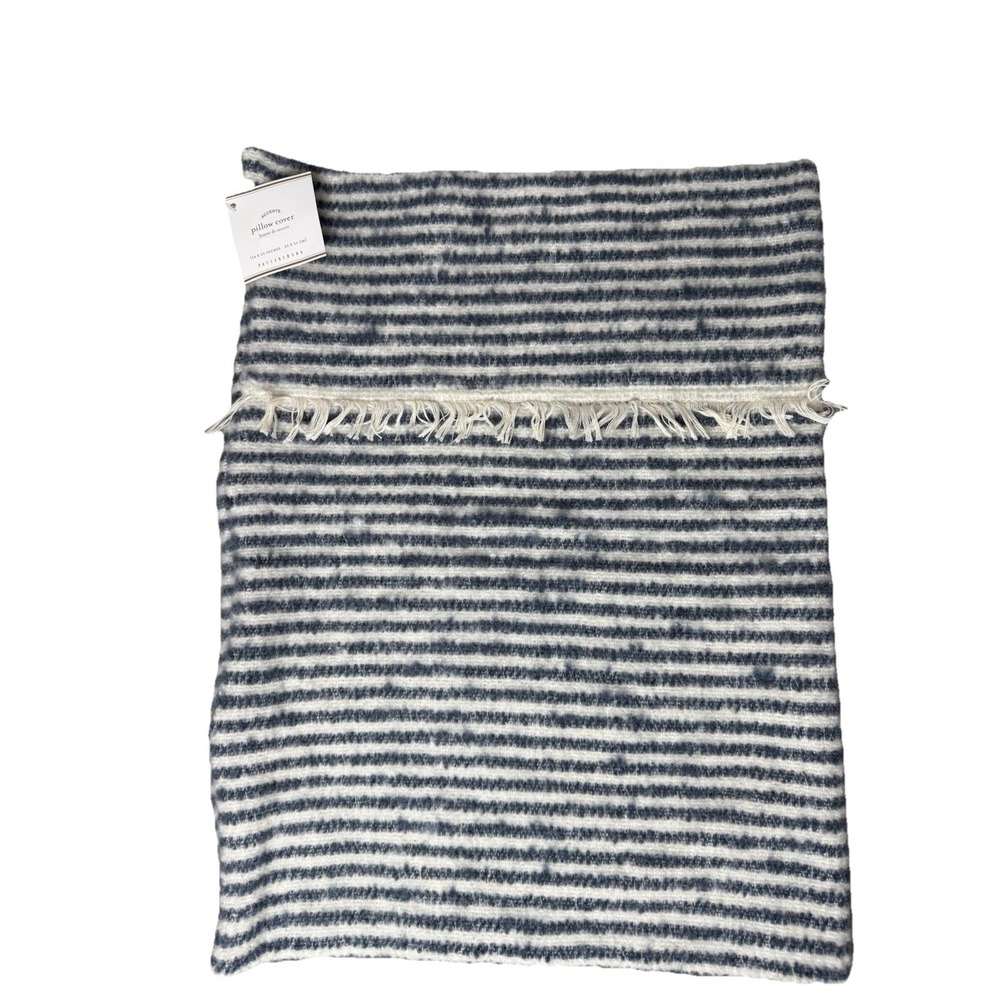 Pottery Barn Cozy Ticking Stripe Faux Mohair Pillow Cover Sham Ivory Navy‎ NEW